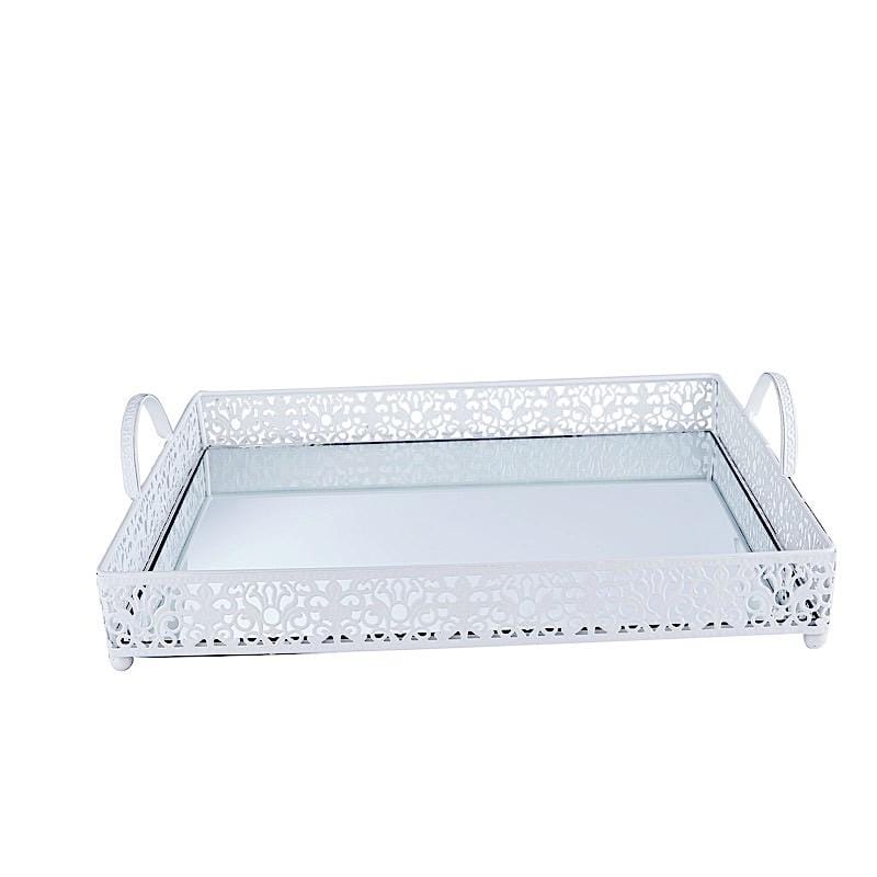 16"x12" Metal Rectangular Fleur De Lis Rim Mirror Serving Tray CHRG_TRAY010_16_WHT