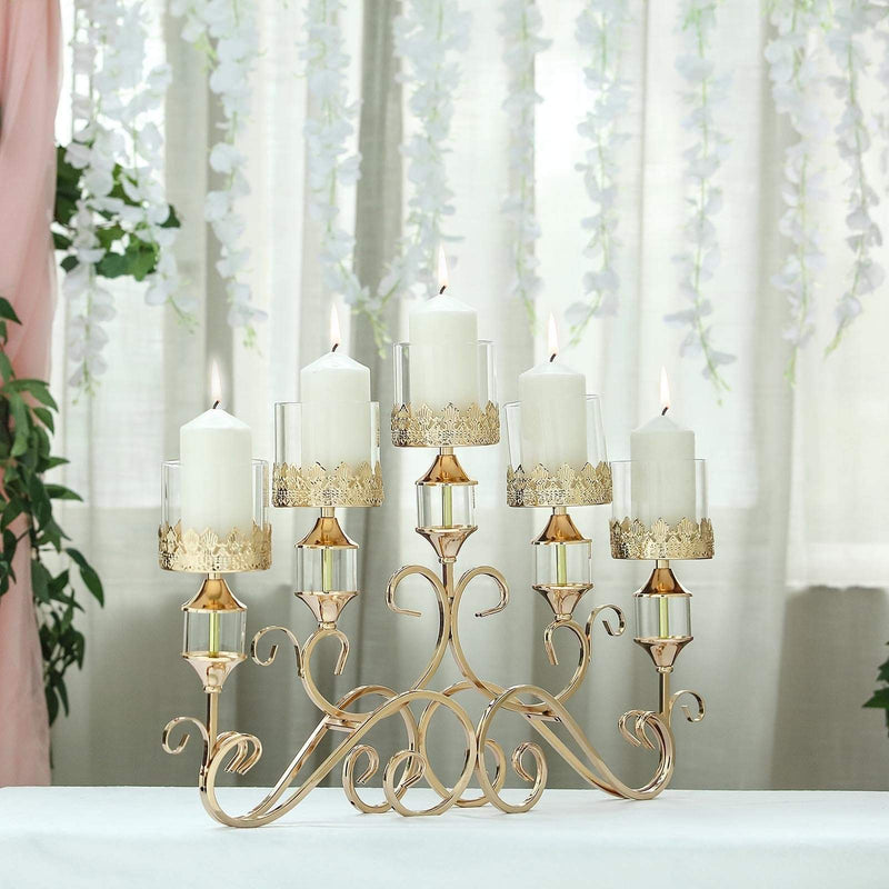 18" tall Candelabra Hurricane Candle Holder Centerpiece for 5 Candles - Gold CHDLR_CAND_027_GOLD