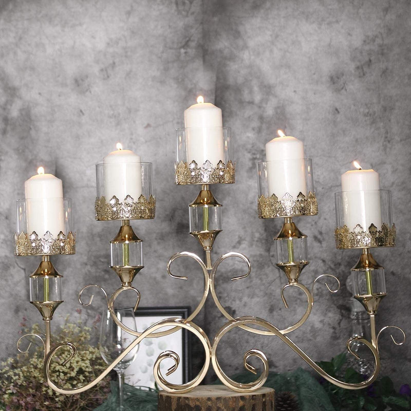 18" tall Candelabra Hurricane Candle Holder Centerpiece for 5 Candles - Gold CHDLR_CAND_027_GOLD