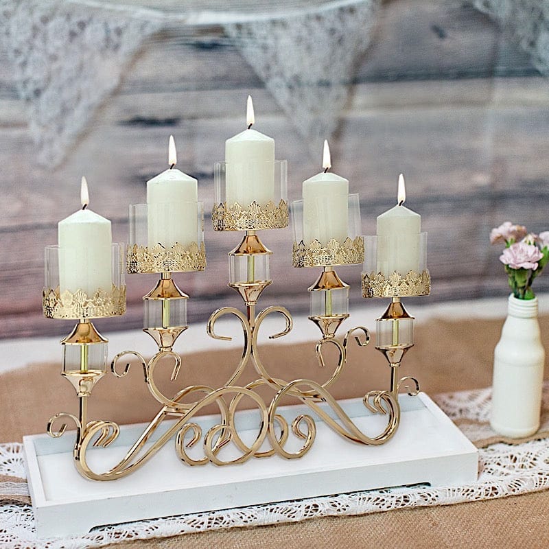 18" tall Candelabra Hurricane Candle Holder Centerpiece for 5 Candles - Gold CHDLR_CAND_027_GOLD