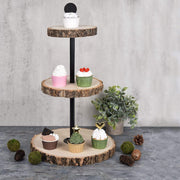 19" tall 3 Tier Round Natural Wooden Cupcake Dessert Stand - Brown with Black CAKE_WOD004_NAT