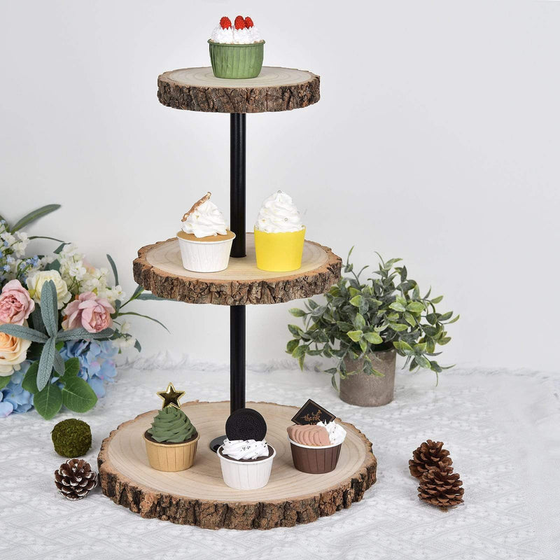 19" tall 3 Tier Round Natural Wooden Cupcake Dessert Stand - Brown with Black CAKE_WOD004_NAT