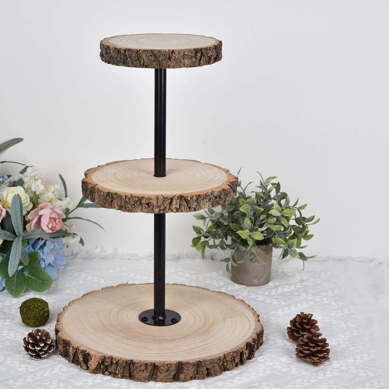 19" tall 3 Tier Round Natural Wooden Cupcake Dessert Stand - Brown with Black CAKE_WOD004_NAT