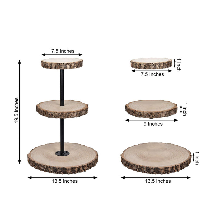 19" tall 3 Tier Round Natural Wooden Cupcake Dessert Stand - Brown with Black CAKE_WOD004_NAT