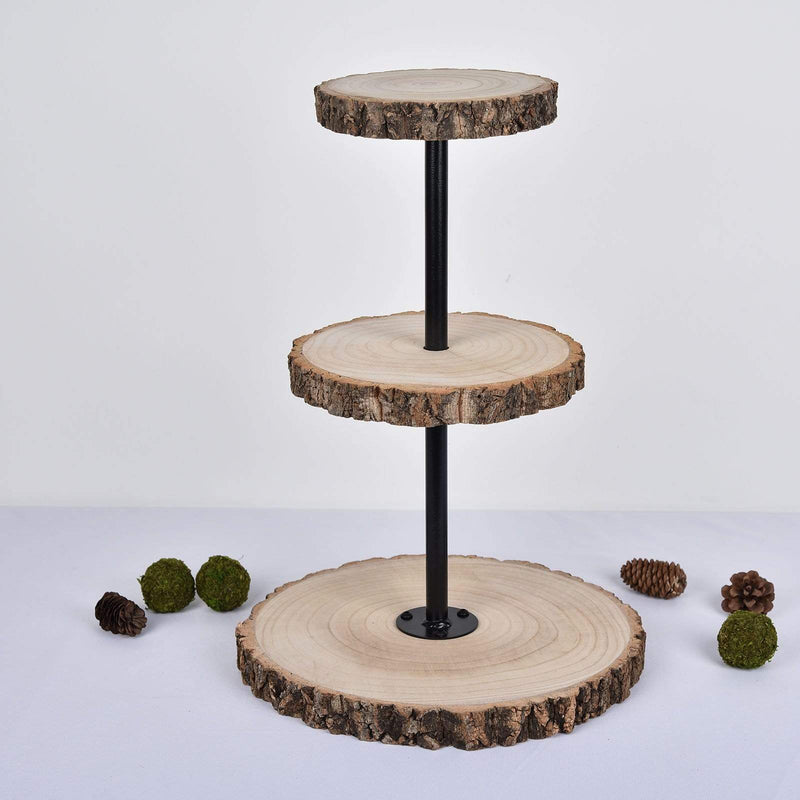 19" tall 3 Tier Round Natural Wooden Cupcake Dessert Stand - Brown with Black CAKE_WOD004_NAT