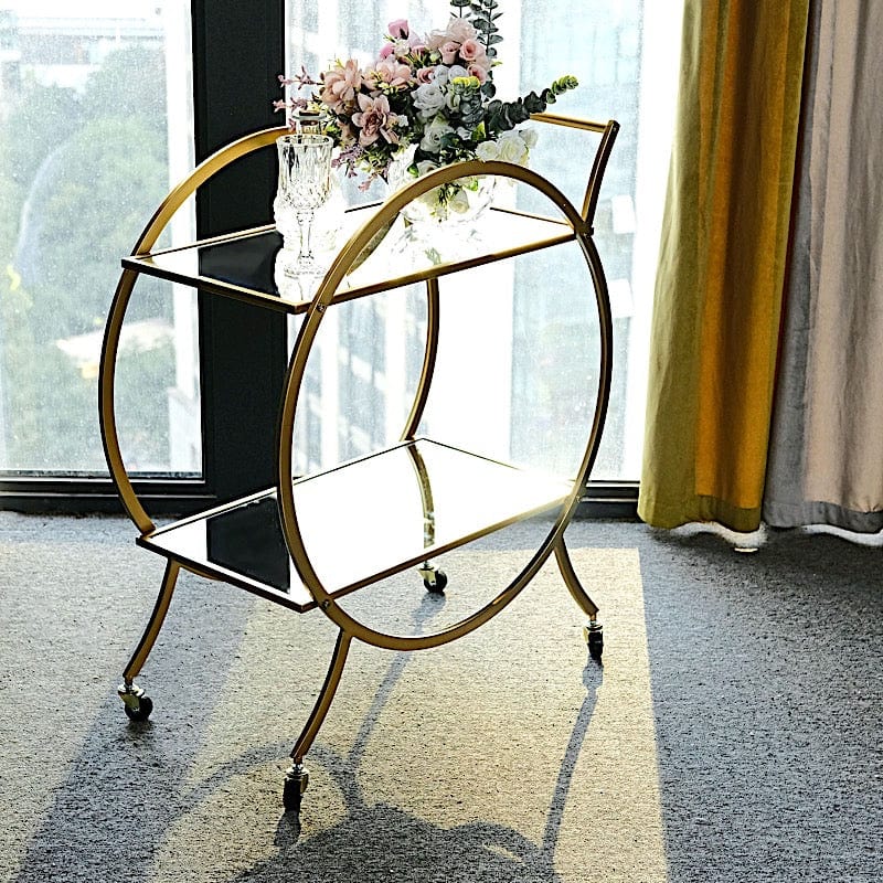 2.5ft tall 2-Tier Round Metal Bar Cart with Mirror Glass Serving Trays - Gold FURN_CART_001_GOLD