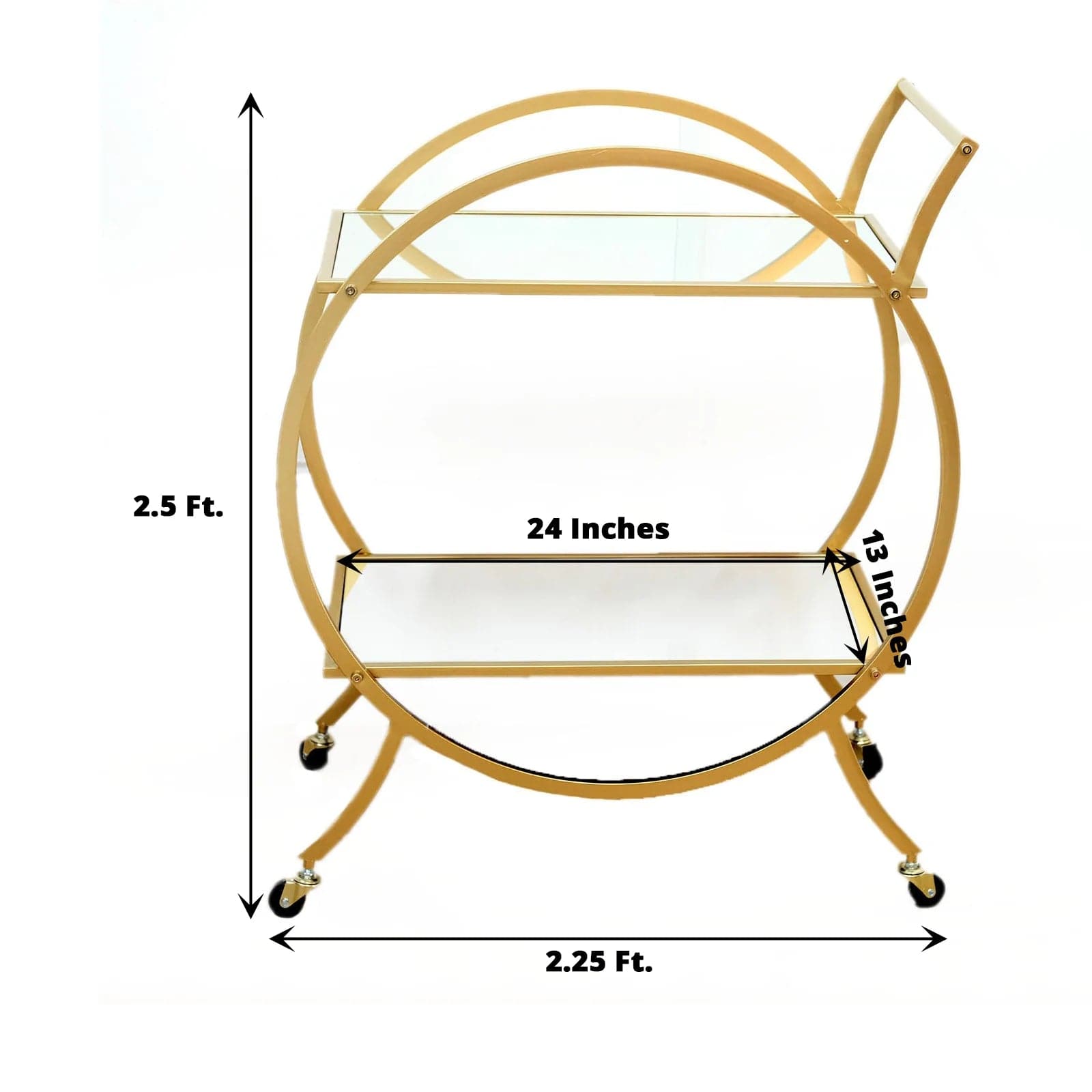 2.5ft tall 2-Tier Round Metal Bar Cart with Mirror Glass Serving Trays - Gold FURN_CART_001_GOLD