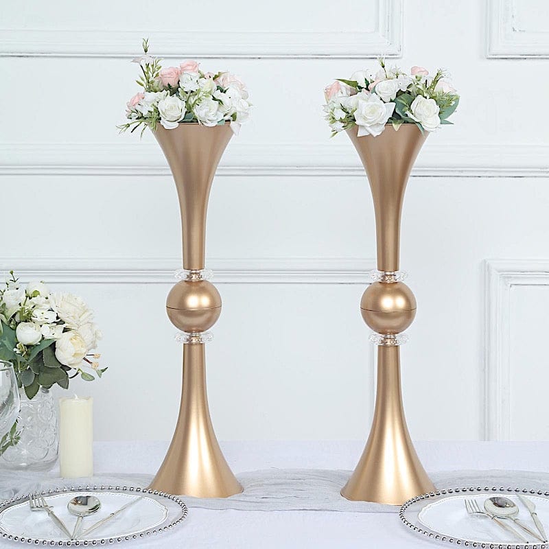 2 Crystal Trumpet Flower Vase Table Centerpieces - Gold