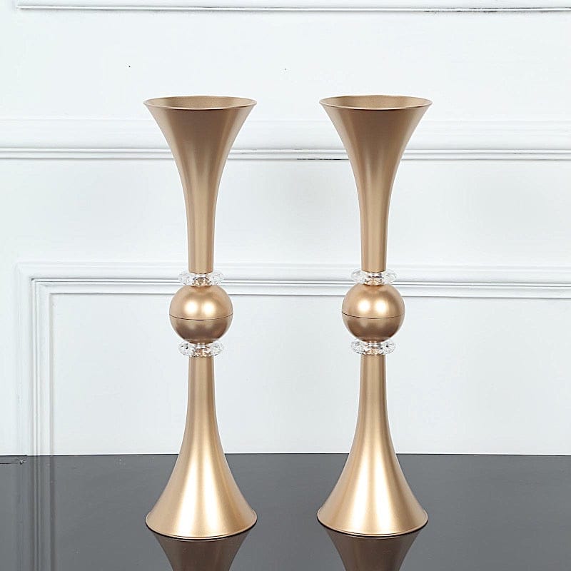 2 Crystal Trumpet Flower Vase Table Centerpieces - Gold