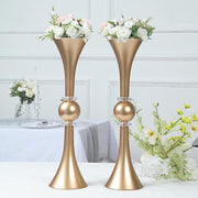 2 Crystal Trumpet Flower Vase Table Centerpieces - Gold