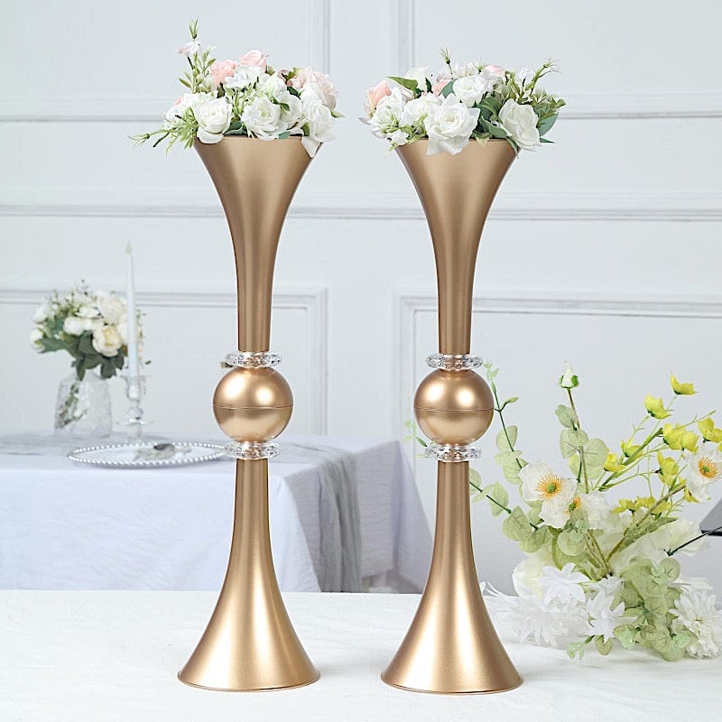 2 Crystal Trumpet Flower Vase Table Centerpieces - Gold