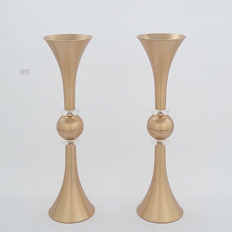 2 Crystal Trumpet Flower Vase Table Centerpieces - Gold