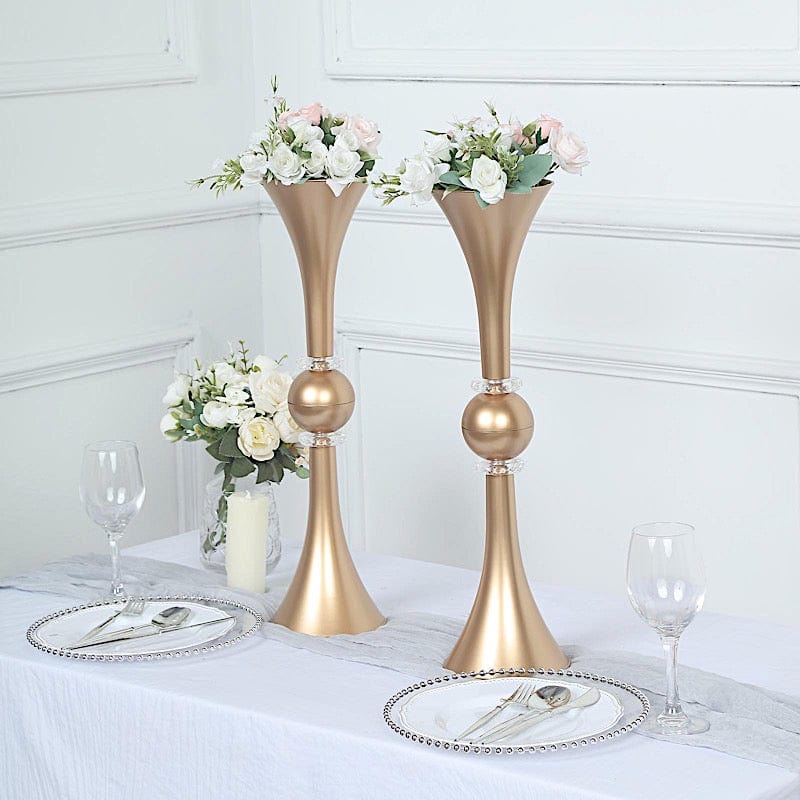 2 Crystal Trumpet Flower Vase Table Centerpieces - Gold