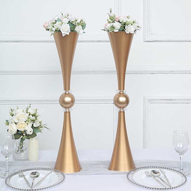 2 Crystal Trumpet Flower Vase Table Centerpieces - Gold