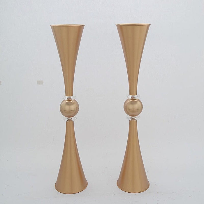 2 Crystal Trumpet Flower Vase Table Centerpieces - Gold
