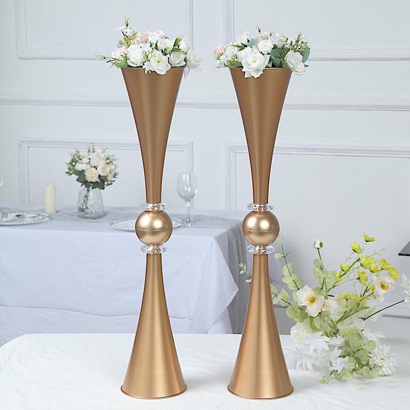 2 Crystal Trumpet Flower Vase Table Centerpieces - Gold