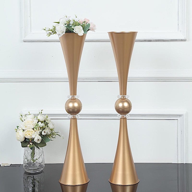 2 Crystal Trumpet Flower Vase Table Centerpieces - Gold