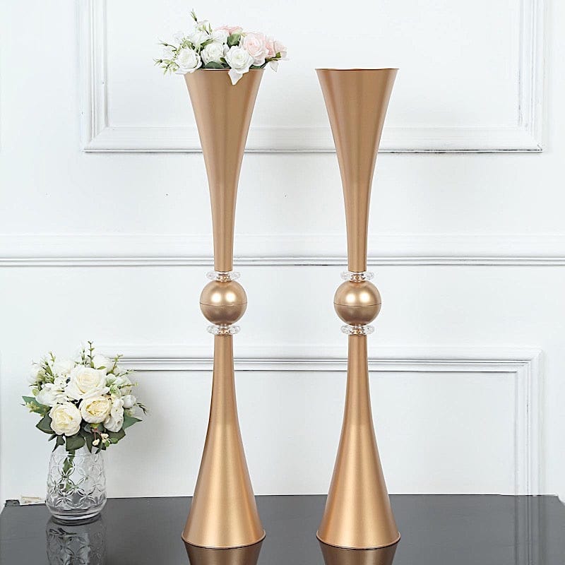 2 Crystal Trumpet Flower Vase Table Centerpieces - Gold