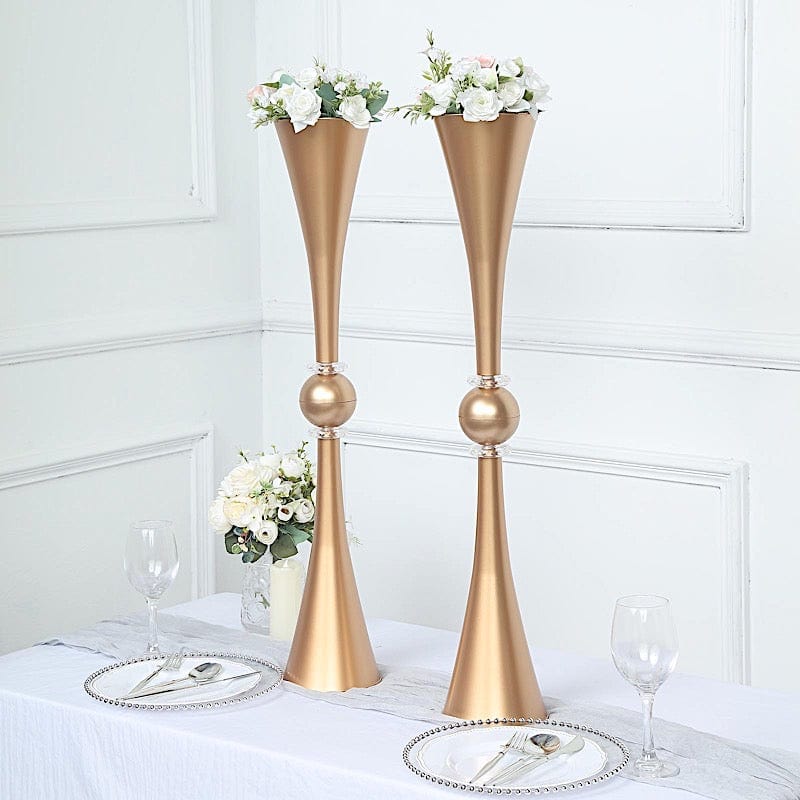 2 Crystal Trumpet Flower Vase Table Centerpieces - Gold