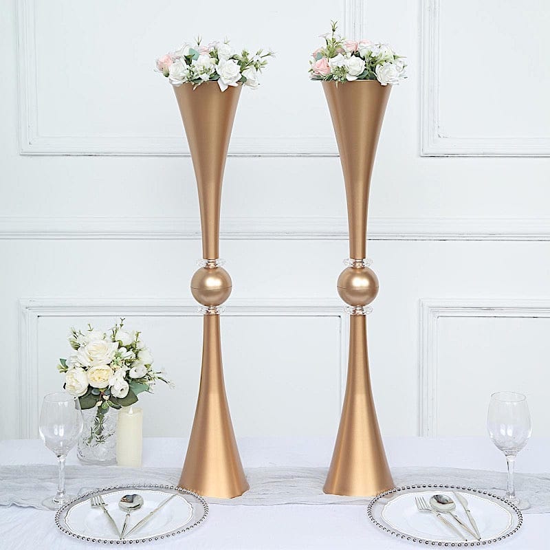 2 Crystal Trumpet Flower Vase Table Centerpieces - Gold