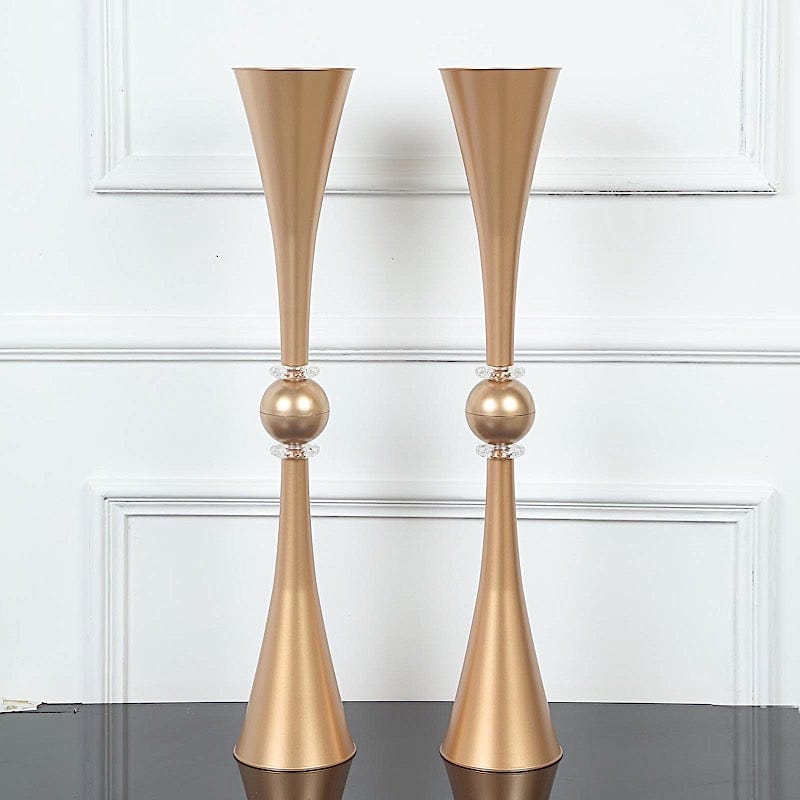 2 Crystal Trumpet Flower Vase Table Centerpieces - Gold