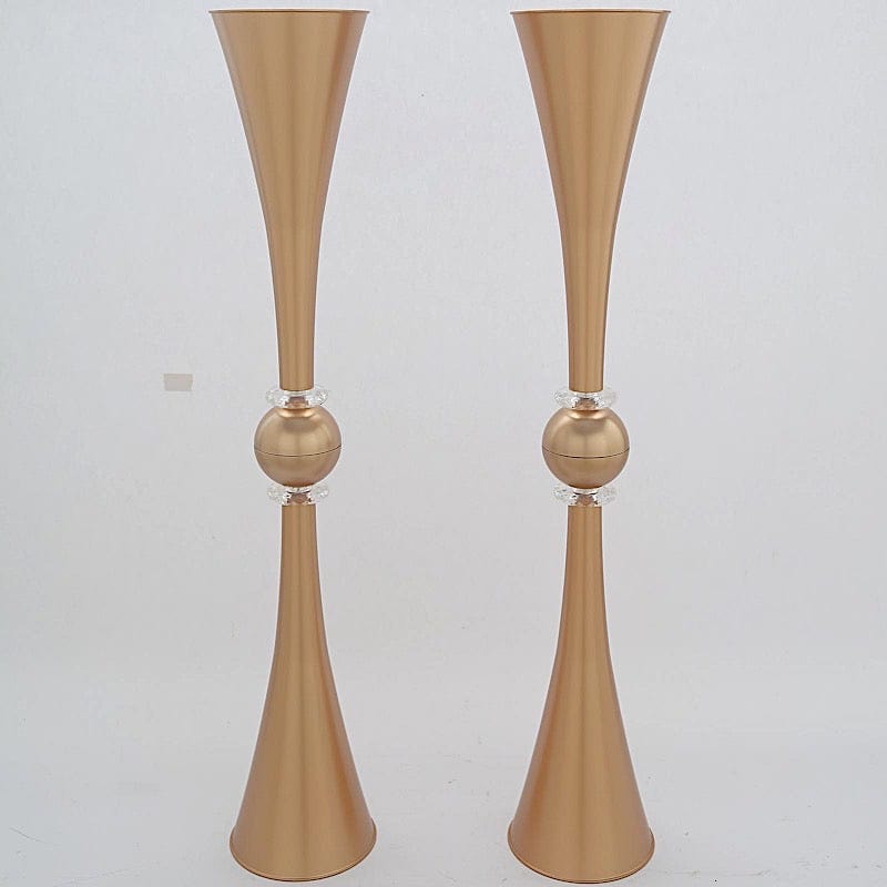 2 Crystal Trumpet Flower Vase Table Centerpieces - Gold