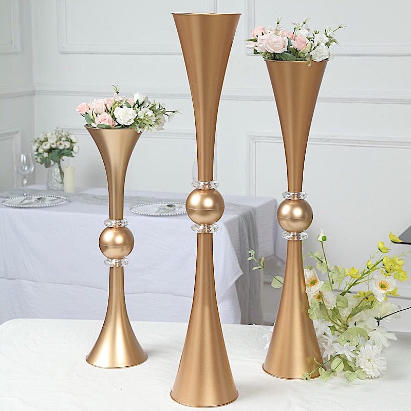 2 Crystal Trumpet Flower Vase Table Centerpieces - Gold