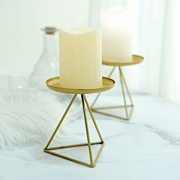 2 Geometric 5" Metal Pillar Candle Holders with Triangle Base - Gold IRON_CAND_PL002_M_GOLD