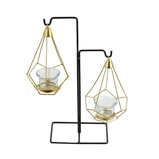 2 Geometric Design Metal Tealight Holders Lanterns with Stand - Gold and Black IRON_CAND_007_GDBLK