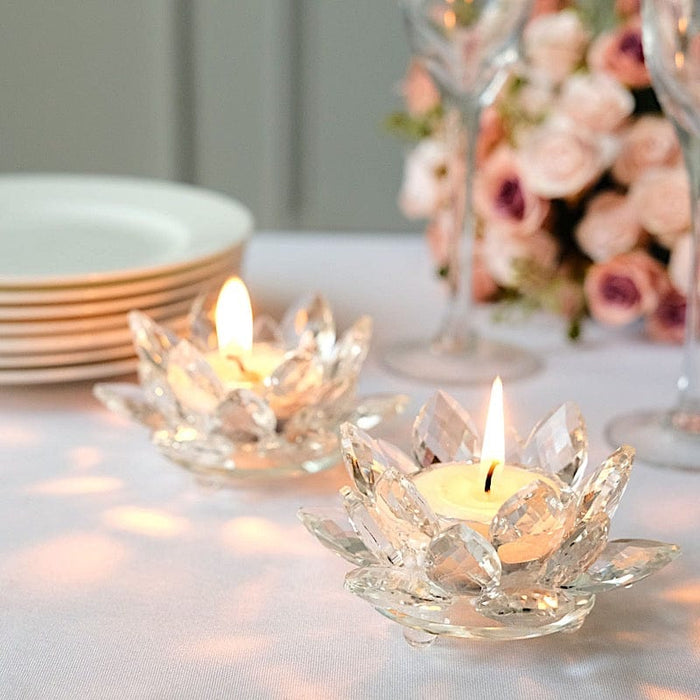 2 Lotus Flower 4.5" Crystal Glass Tealight Candle Holders - Clear CAND_HOLD_012_S_CLR