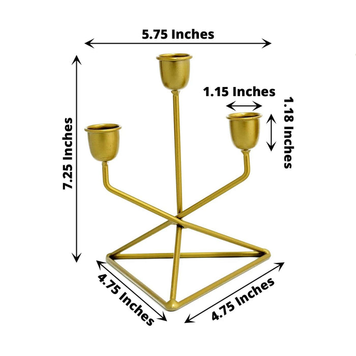 2 Metal 3 arm Taper Candle Holders with Triangle Base - Gold IRON_CAND_TP009_GOLD