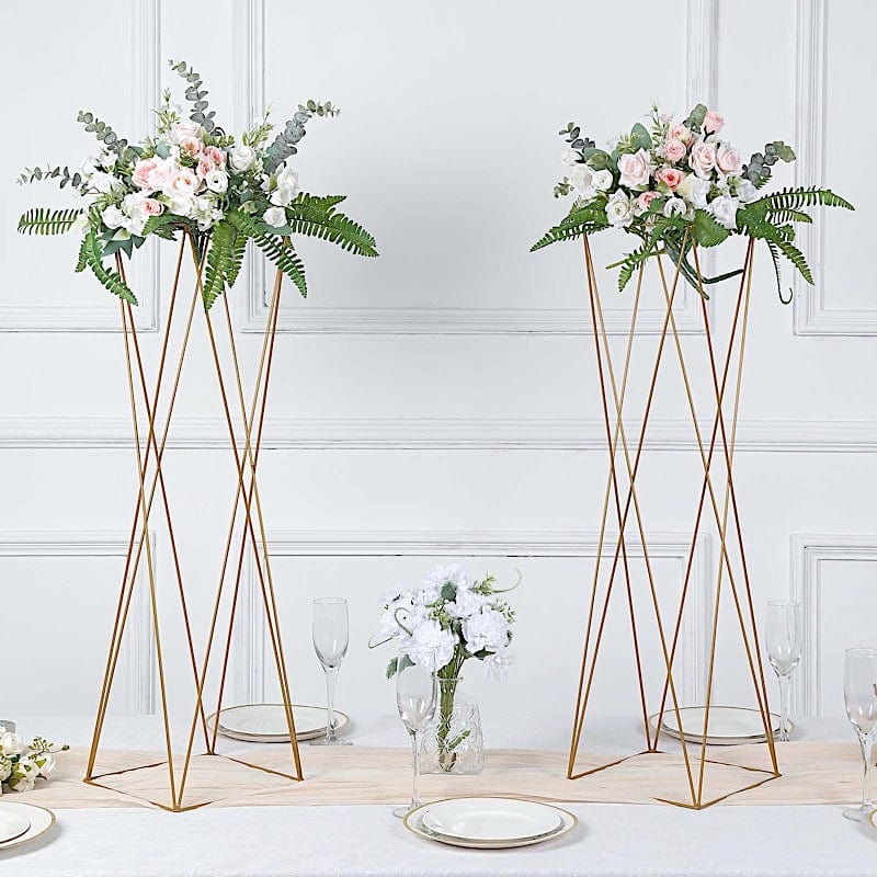 2 Metal 32" Crisscross Geometric Flower Stands Pedestals Centerpieces - Gold IRON_STND15_32_GOLD