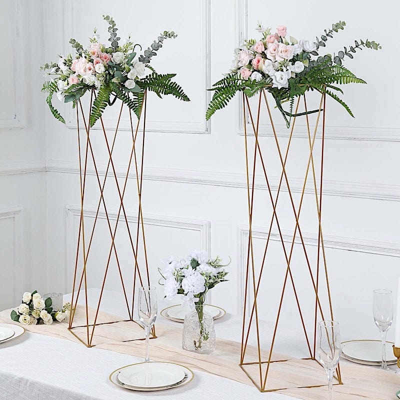 2 Metal 32" Crisscross Geometric Flower Stands Pedestals Centerpieces - Gold IRON_STND15_32_GOLD