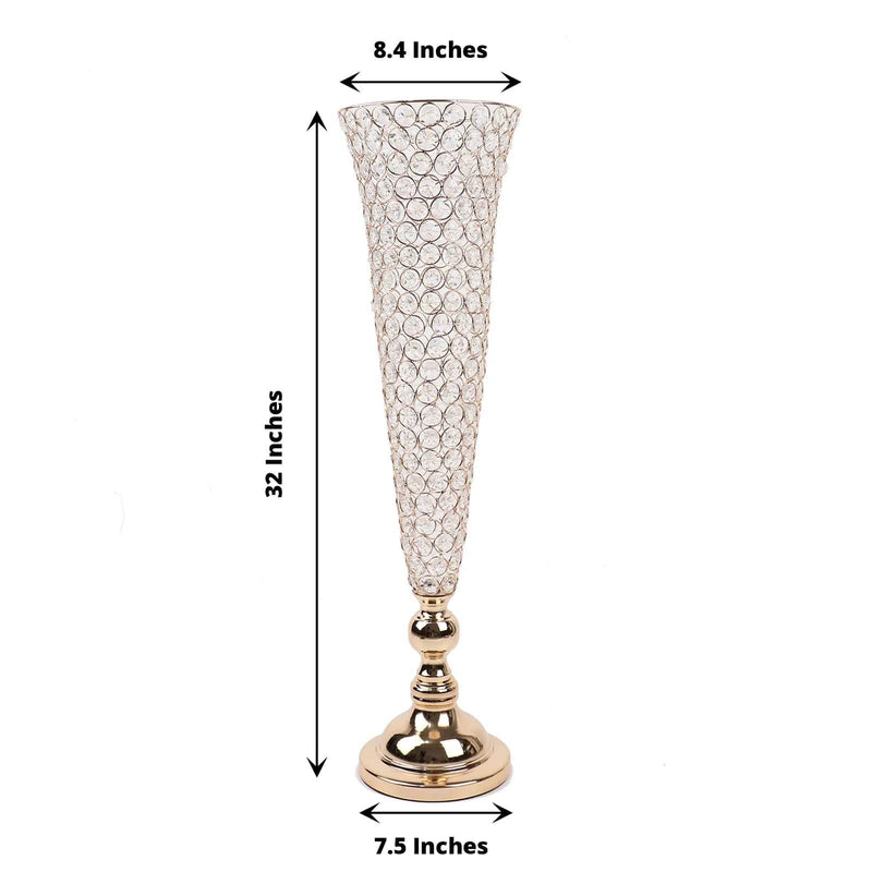 2 Metal 32" tall Trumpet Vases with Acrylic Crystal Beads Table Centerpieces