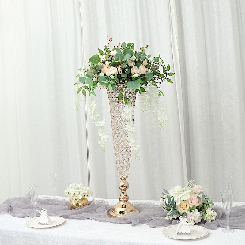 2 Metal 32" tall Trumpet Vases with Acrylic Crystal Beads Table Centerpieces