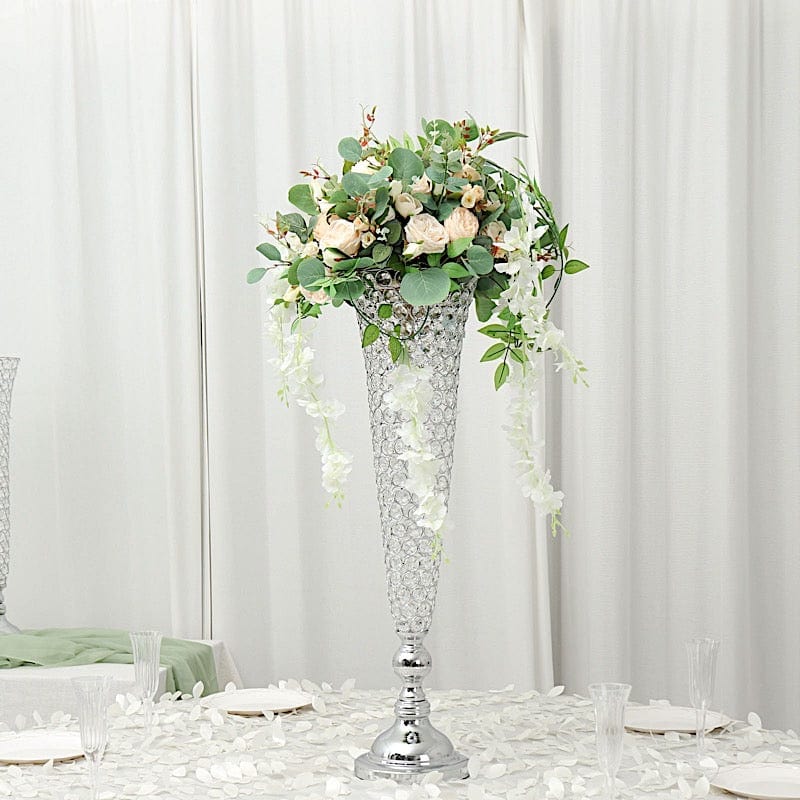 2 Metal 32" tall Trumpet Vases with Acrylic Crystal Beads Table Centerpieces