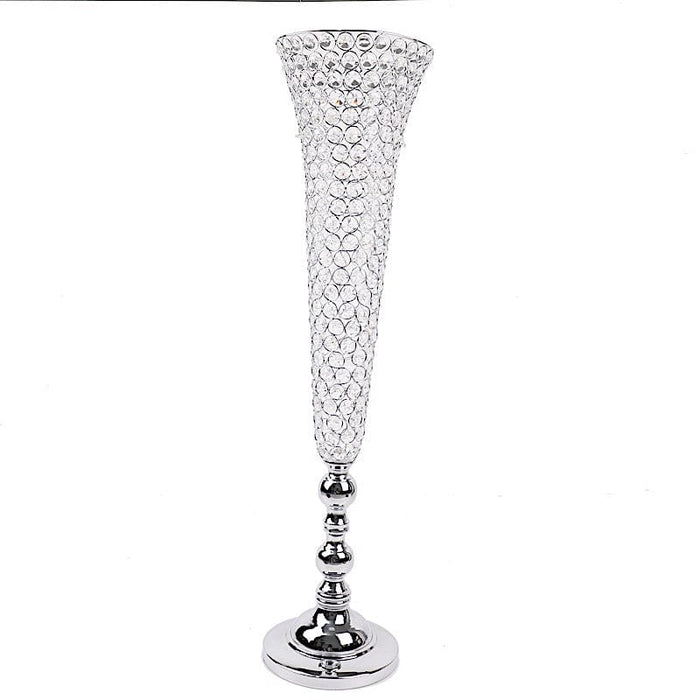 2 Metal 40" tall Trumpet Vases with Acrylic Crystal Beads Table Centerpieces CHDLR_042_40_SILV
