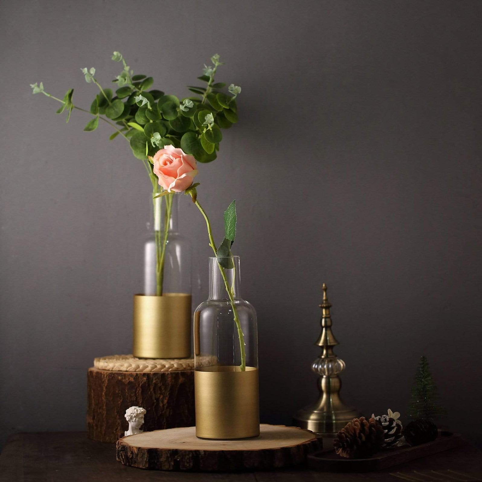 2 pcs 10" tall Glass Bottles Vases Clear with Gold Spray