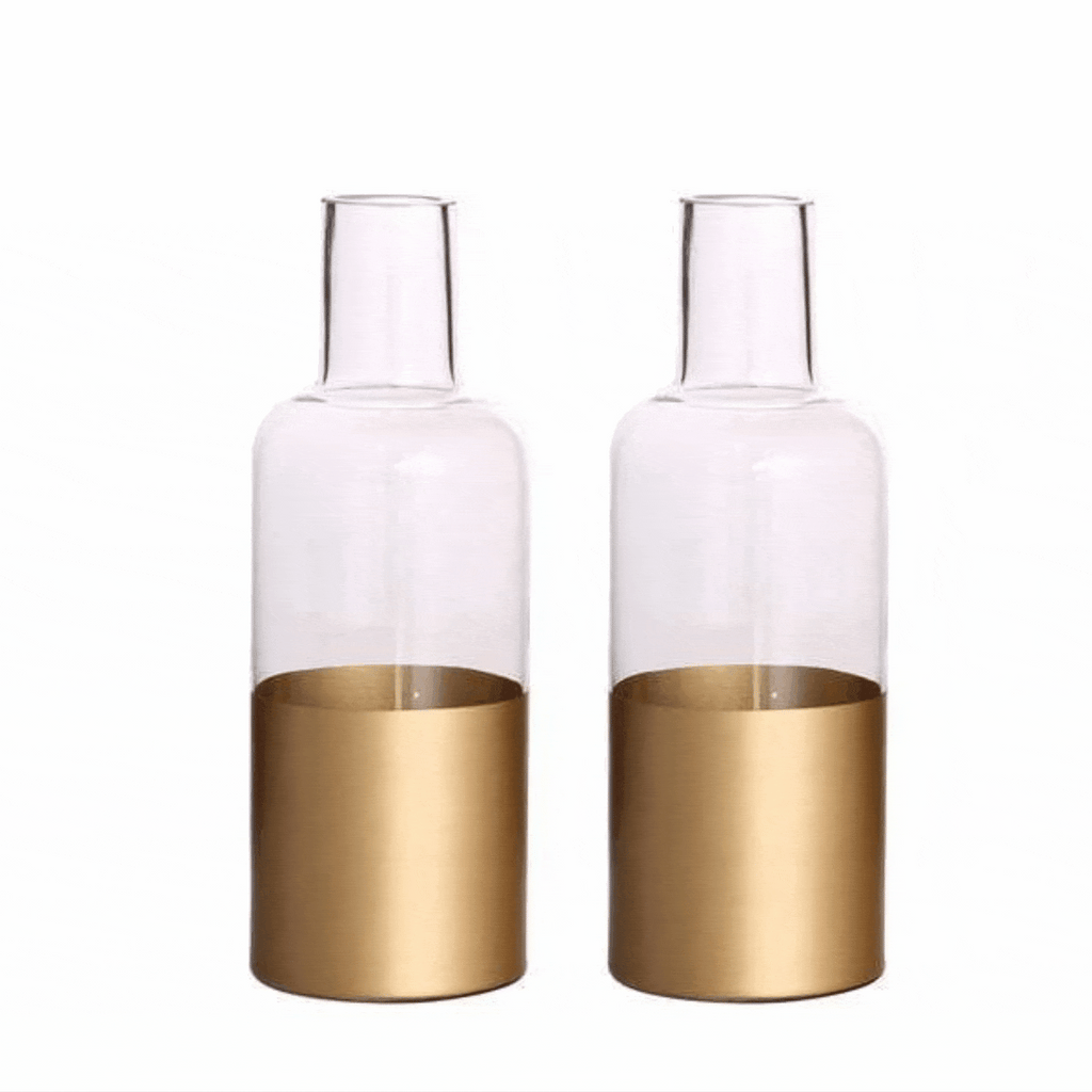 2 pcs 10" tall Glass Bottles Vases Clear with Gold Spray