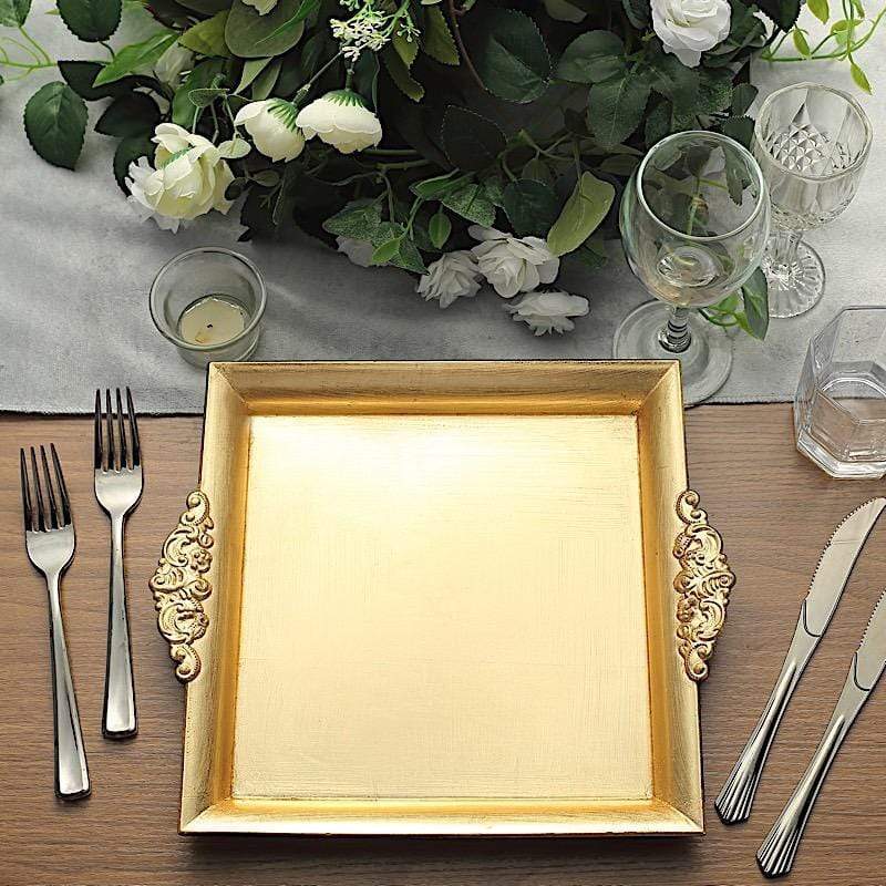 2 pcs 10"x10" Square with Embossed Rim Charger Plates - Gold CHRG_TRAY001_12_GOLD