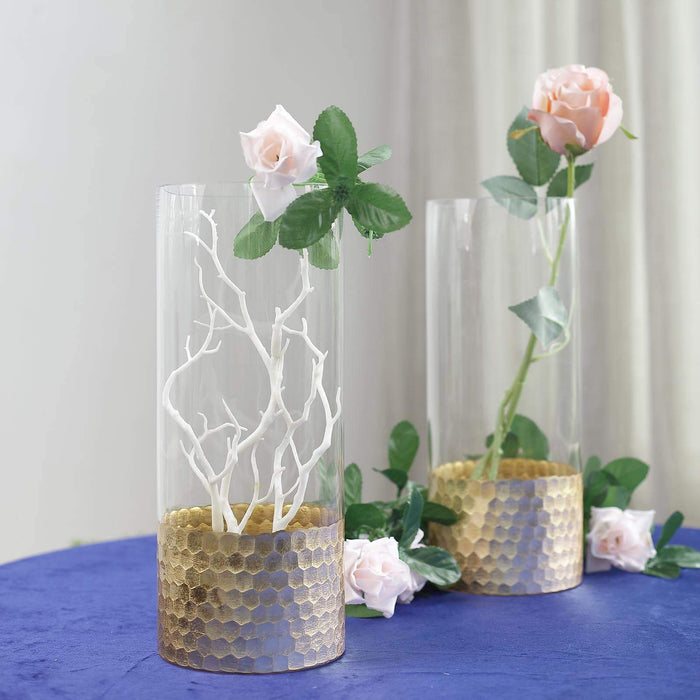 2 pcs 12" tall Glass Cylinder Honeycomb Rim Vases - Clear with Gold VASE_A26_12_GOLD