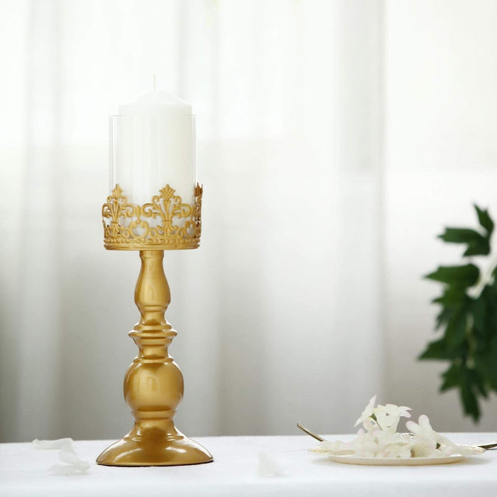 2 pcs 12" tall Lacy Trim Metal with Glass Candle Holders Centerpieces - Gold CHDLR_CAND_028_12_GOLD