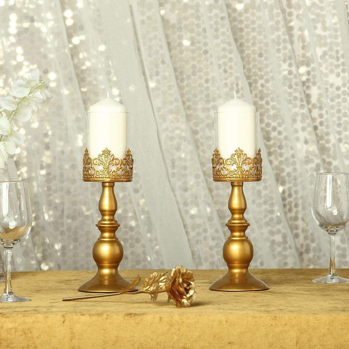 2 pcs 12" tall Lacy Trim Metal with Glass Candle Holders Centerpieces - Gold CHDLR_CAND_028_12_GOLD