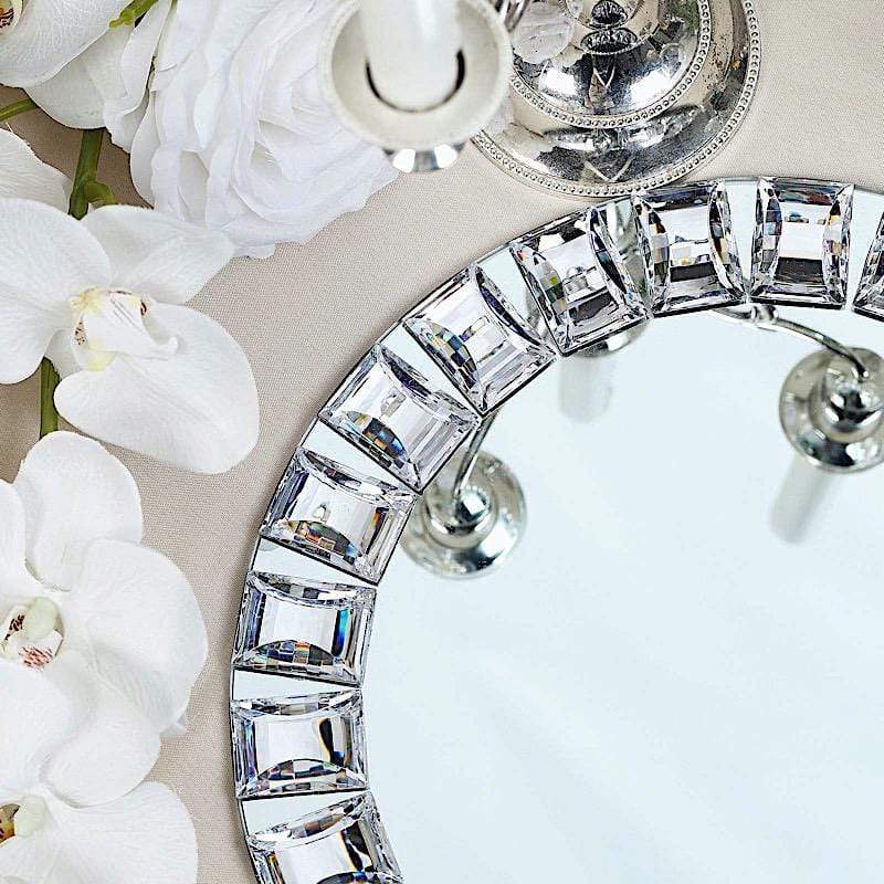 2 pcs 13" Round Mirror Glass Charger Plates with Crystal Rim - Silver CHRG_GLAS0001_SILV