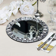 2 pcs 13" Round Mirror Glass Charger Plates with Crystal Rim - Silver CHRG_GLAS0001_SILV