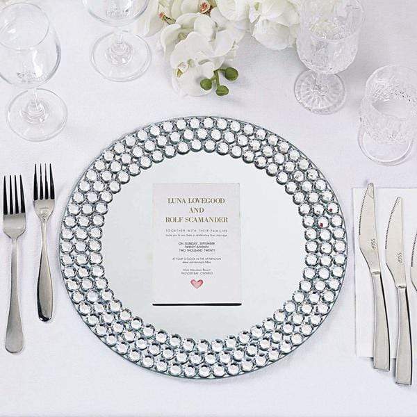 2 pcs 13" Round Mirror Glass Charger Plates with Diamond Rim - Silver CHRG_GLAS0007_SILV