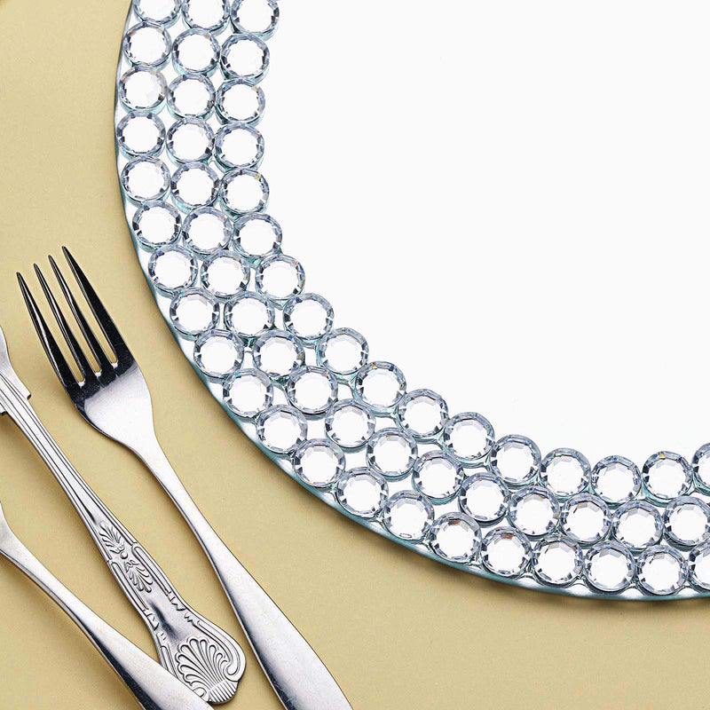 2 pcs 13" Round Mirror Glass Charger Plates with Diamond Rim - Silver CHRG_GLAS0007_SILV