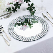 2 pcs 13" Round Mirror Glass Charger Plates with Diamond Rim - Silver CHRG_GLAS0007_SILV
