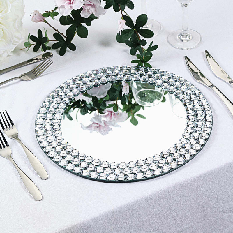 2 pcs 13" Round Mirror Glass Charger Plates with Diamond Rim - Silver CHRG_GLAS0007_SILV