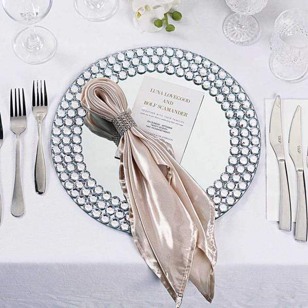 2 pcs 13" Round Mirror Glass Charger Plates with Diamond Rim - Silver CHRG_GLAS0007_SILV